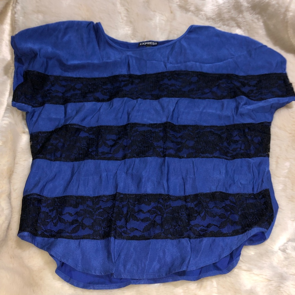 Express Silk Lace Dark Blue Short Sleeve Blouse